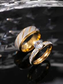 2pcs Fashionable & Elegant Stainless Steel Couple Rings, Featuring Textured Design For Men And Rhinestone Decor For Women, Suitable For Daily Wear, Holidays, Engagements, Weddings (Gift Box Included) - Gold - View 2
