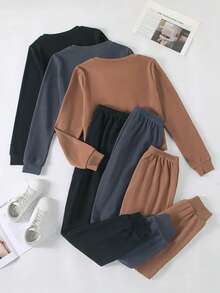 女士三件套睡衣：长袖圆领上衣和舒适抽绳长裤 - 易于打理，针织面料，适合春、秋、冬三季休闲外出和居家穿着。 - 彩色 - 查看 2