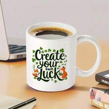 1pc Irish Lucky Ceramic Cup With Fox And Shamrock Design - Green And Gold Coffee Mug, 3.7x3.2inch Durable Gift For St. Patrick's Day, Birthdays, Christmas, Housewarming - Reusable Tea Cup For Hot Drinks And Everyday Use - Hand Wash Only, Glossy Surface And Smooth Texture, Perfect For Friends Or Personal Use (Lucky Charm Gift Idea) - Ideal For Irish Themed Decorations And Special Occasions - 白色 - 查看 3