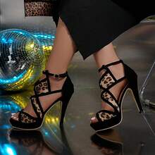 Plus Size Women's Leopard Print Criss-Cross Color Block Sexy High Heel Sandals, Waterproof Platform, Goddess Office Buckle Strap Clubwear - Brown - View 10