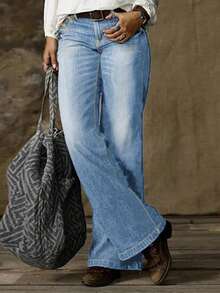 女式直筒水洗牛仔裤（无腰带） - 淺色水洗藍 - 查看 3