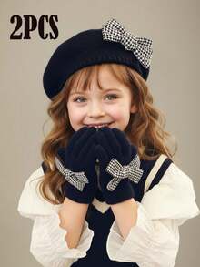 2pcs/Set Girls Knitted Beret Hat & Gloves Set, Elegant, Cute Artist Beret, Acrylic Yarn, Stylish Plaid Bow Design, Fashionable, Thin For Early Winter - 2pcs - View 4