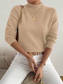 Plus Size Solid Color Stand Collar Knit Sweater - Khaki - View 5