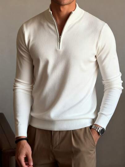 男士休闲长袖半拉链纯色百搭套头毛衣，适合日常穿着，秋冬季