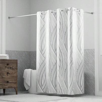 Hookless It's A Snap! Faux Silk Shower Curtain 3in1 Shower Curtain Includes Fabric Shower Curtain With FlexOn Rings And Fabric Liner With Magnets 71" X 74" Waves Print Silver