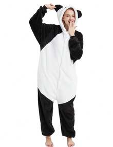 Cute Unisex Fleece Adult Panda Costume Pajamas, Button Plush Animal One Piece Sleepwear Loungewear - Panda - 查看 2