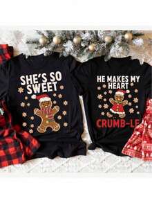 1pc Couples Christmas Shirts, Couple Christmas Pajamas, Couple Sweaters, Gingerbread Matching Christmas TShirts, Holiday Couple Outfits, Seasonal Loungewear, Gingerbread Print, Printed Design, Stretchy Material, Breathable Sleepwear, Matching Pajamas - 男款 - 查看 1