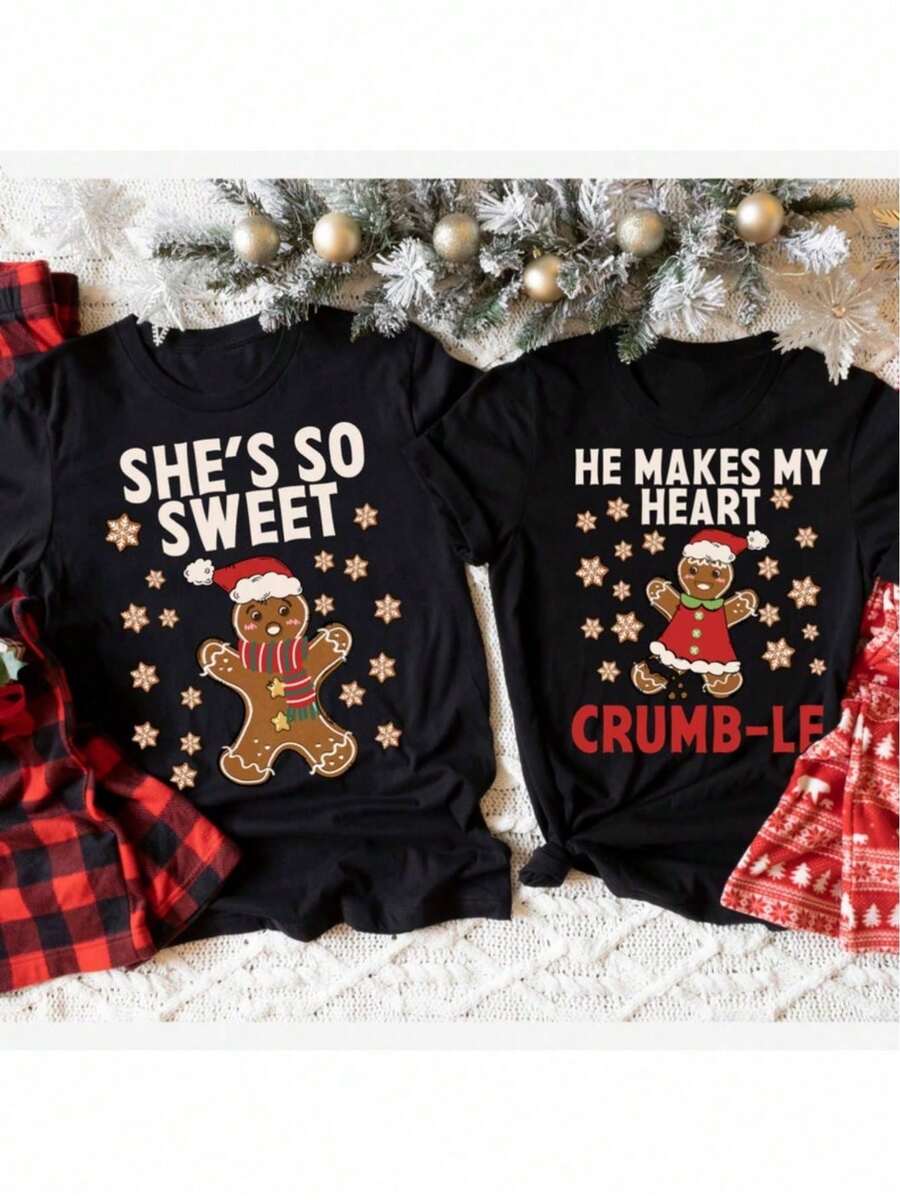 1pc Couples Christmas Shirts, Couple Christmas Pajamas, Couple Sweaters, Gingerbread Matching Christmas TShirts, Holiday Couple Outfits, Seasonal Loungewear, Gingerbread Print, Printed Design, Stretchy Material, Breathable Sleepwear, Matching Pajamas - 男款 - 查看 1
