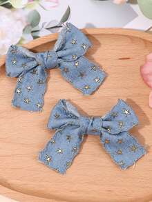 2pcs Denim Bow Hair Clip For Baby Girls Vintage Denim Star Hair Bows Solid Color And Glitter Star Denim Hair Barrettes Casual Denim Alligator Clips Party Denim Star Hairpins Baby Hair Accessories - Blue - View 7