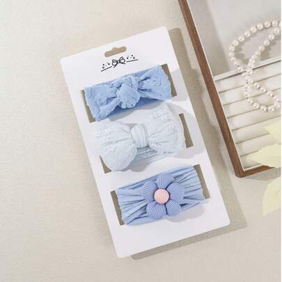 3pcs/Set Baby Girls' Fresh & Sweet 5-Petal Lace Bow Nylon Elastic Soft Headbands, Suitable For Daily Use (Excluding Paper Card, For Display Only)