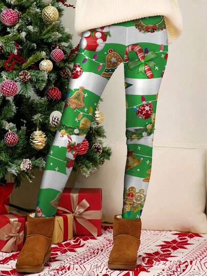 1 pieza Leggings/mallas elásticas con estampado navideño para mujer, adecuados para todas las estaciones como capa base, uso casual, yoga y deportes