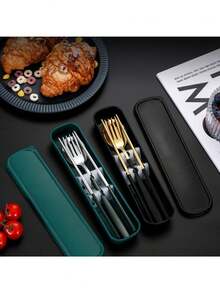 Elegant Green & Gold Reusable Cutlery Set With Case - Portable Utensils For On - The - Go Dining & Kitchen Organization - 綠色 - 查看 2