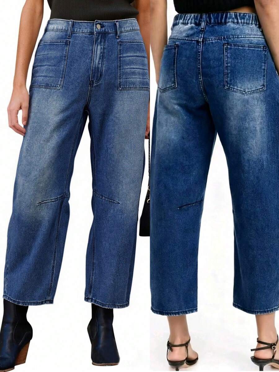 Summer Outfit Blue High Waisted Jeans Straight Leg Daily Plus Size Elegant Casual Outfit For Women Cropped Pants