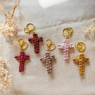 1个手工编织十字架钥匙扣，耶稣钥匙扣，基督教汽车装饰，手工制作，柔软十字架钥匙扣，波西米亚风格男女通用配饰，礼物