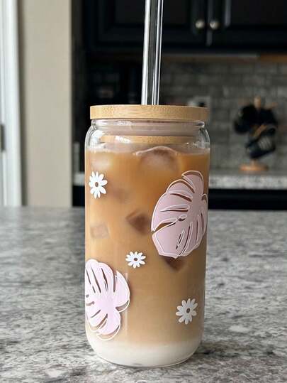 粉色心形叶子玻璃吸管杯，冰咖啡玻璃罐杯，时尚咖啡杯，饮料果汁玻璃吸管杯