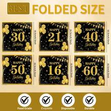 20pcs/40pcs/60pcs/100pcs,6.5-Inch Tissues, Birthday Napkins For 16, 21, 30, 40, 50 And 60 Years Old, Black And Gold Cocktail Drink Napkins, Black And Gold Disposable Party Napkins Are Suitable For Decorative Tissue Products For Parties, Birthdays, Anniversaries, And Special Birthdays Such As Christmas, Halloween, Easter, Thanksgiving, Etc - Multicolor - View 2