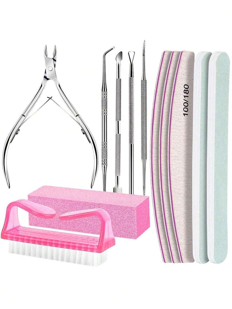Manicure & Pedicure Tool Set, Including 100/180 Grit Nail File, Nail Buffer Block, Nail Clipper, Cuticle Pusher, Cuticle Remover, Ingrown Toenail Lifter, Toe Nail File, Nail Brush - Multicolor - View 1