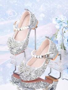 Zapatos de princesa de cuero con rhinestones para niñas en otoño, zapatos para niños, zapatos de cristal para actuaciones y ceremonias, zapatos de suela blanda para niñas, diseñados para niñas bebé, tacones altos de princesa de moda con moño, diseñados para zapatos de baile de moda para niñas, zapatos elegantes diseñados para bodas - Plateado - Ver 4