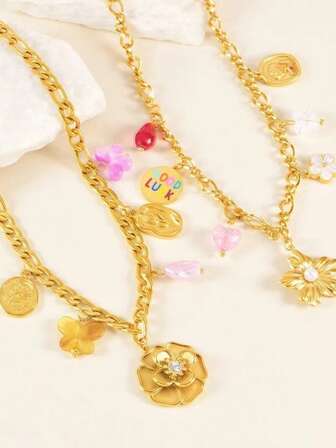 1pc Women's Stainless Steel Floral Gold T-Shirt Chain, Lucky Flower Stainless Steel Necklace