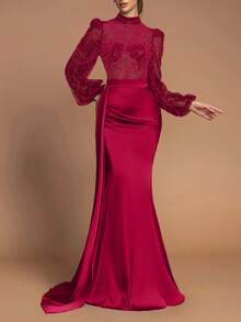 女士优雅立领灯笼袖落地珍珠点缀晚礼服 - 缎面撞色拼接，侧边垂褶鱼尾下摆，修身设计，适合正式场合、晚宴、婚礼和新年着装 - 酒紅色 - 查看 4