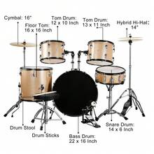 Full Size Adult Drum Set 5-Piece Champagne With Bass Drum, Two Tom Drum, Snare Drum, Floor Tom, 16" Ride Cymbal, 14" Hi-Hat Cymbals, Stool, Drum Pedal, Sticks - 預設 - 查看 11