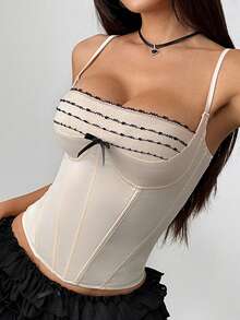 Women's Lace Trim Tank Tops Summer Fashionable Sleeveless Spaghetti Strap Slim Fit Corset Camisole - Rượu sâm banh - Xem 3
