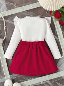 BASUSARRI 圣诞红色蝴蝶结串珠长袖圆领T恤上衣,褶皱蝴蝶结串珠半裙,中国风红色女童春秋季两件套,优雅可爱,适合派对和外出穿着 - 紅色 - 查看 4