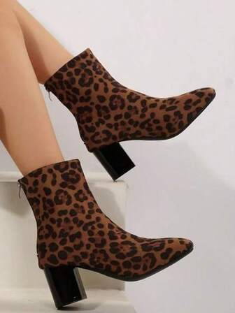 Women's Leopard Print Mid-Calf Boots, Rear Zipper Design For Easy On/Off, Chunky Heel For Height & Slimming, Suitable For Daily Commute, Party, Fashionable Women's Outfit, Suede Leopard Print Retro Style