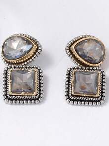 ZAA合金水晶几何四边形吊坠耳环，双层珠宝耳环，百搭日常佩戴，精致时尚奢华优雅派对耳环，女士珠宝，闪亮耳环 - 彩色 - 查看 5