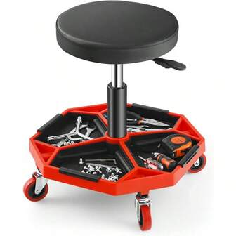 150 Kg Capacity Pneumatic Rolling Mechanic Stool Adjustable Roller Seat With Padded Seat Tool Tray And 4 Universal Casters Rolling Stool Chair For Garage Black + Red