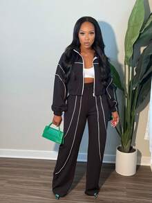 Black & White Contrast Stripe Two Pieces Tracksuit Set 1pc Cropped Zip Jacket Wide-Leg Pants Casual Stylish Elastic Waist For Daily Outings Streetwear All Seasons - Black - View 5