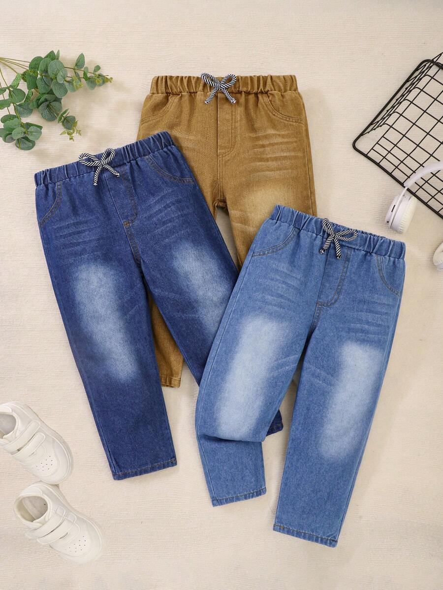 3pcs/Set Kids Light & Medium Blue Washed Denim Jeans, Boys Casual Elastic Waist Pants For Spring & Autumn - Dark Wash - View 1