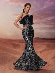 YISIKADO Vestido de gala brillante sin tirantes para mujer, vestido de sirena elegante con volantes de gasa con lentejuelas, adecuado para invitados de boda, baile de graduación, fiesta, ceremonia de graduación, vestido de noche formal para adultos - Plateado - Ver 4