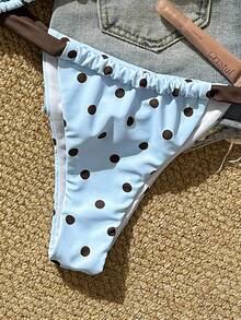 New Beaded Polka Dot Print Drawstring Halter Bikini Set, Women's Tankini Swimsuit For Beach, Pool Party, Holiday - Blue - View 5