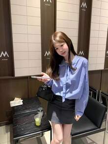 蝴蝶结肩带条纹长袖衬衫，优雅女士衬衫 - 藍色 - 查看 5