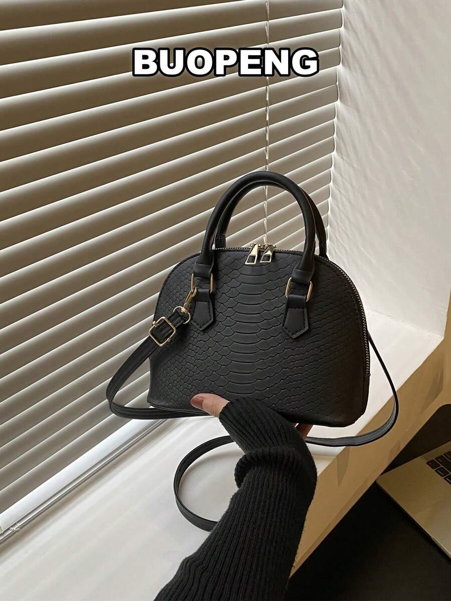 蛇皮壓花手提包雙把手貝殼包 - 黑色 - 查看 1