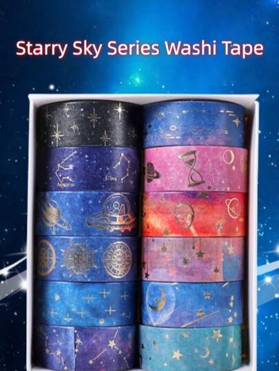 12pcs Starry Sky Washi Tape Set, Decorative Adhesive For DIY Crafts, Gift Wrapping, Scrapbooking Supplies, Party Decorations Gift Packaging Decoration DIY Decoration Gift Wrapping Tape For Birthday Cake Valentine's Day Envelope Sealing Sticker