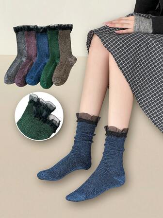 1/2/3/5 双装女士亮面蕾丝边中筒袜，多色复古时尚船袜，百搭日常穿着