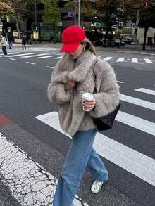 HH Faux Fur Jacket For Women Elegant Solid Lapel Long Sleeve Coat Casual Loose Female Winter Oversize Lady Chic Streetwear Jakcets