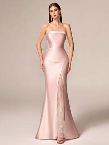 Elisanya Gaun Maxi Tanpa Tali yang Elegan untuk Wanita, Menampilkan Renda Kontras dan Desain Belahan Tinggi, Kain Tenun, Cocok untuk Pesta Malam Formal - Baby Pink - View 3