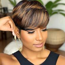 Ombre 1B/33 Color Short Pixie Cut Human Hair Wig - Black With Brown Layered Straight Style For Women, Rose Net Cap, Natural Look For Everyday Style, Fashion Accessory | Layered Style | Hair Texture, Short Hair Wig - Multicolor - View 4