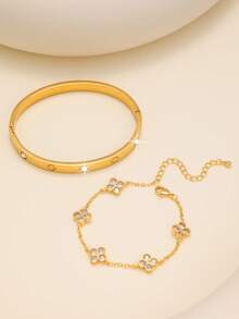 Fashionable Luxury European & American Four-Leaf Clover Zirconia Stainless Steel Women's Bracelet Set, Suitable For Multiple Occasions And As A Gift For Friends - Yellow Gold - View 3