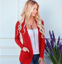 Fashion Cardigan Sweater With Pockets - 紅色 - 查看 2