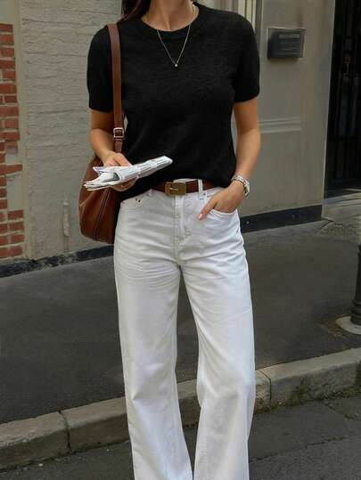 New Spring/Summer Women Knit Short Sleeve Top, Casual Minimalist Solid Black Crew Neck Pullover, Suitable For Daily Wear And Commuting