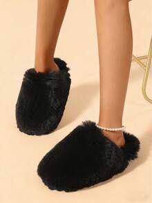 2025 Autumn/Winter New Fashion Fluffy Slippers For Men & Women, Warm Plush Toe Cover House Slippers - Black - View 4