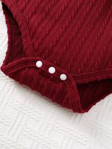 Conjunto de body y pantalones acampanados con diadema para bebé niña, de estilo casual con textura, cuello redondo, doble capa, mangas acampanadas y lazo delantero, para otoño/invierno - Rojo - Ver 5