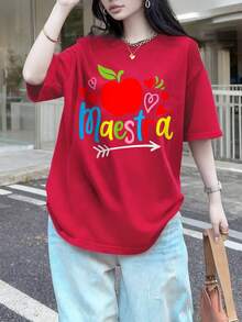 Camiseta Básica Holgada de Mujer con Manga Corta y Ajuste Cómodo, Maestra Lindo Manzana Camiseta Gráfica, Regalo ,Ideal para Día a Día y Salidas Informales - Rojo - Ver 1
