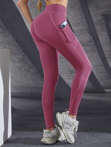 1条9口袋拼接瑜伽裤，适合健身、瑜伽、户外运动和春季散步 - 藕粉色 - 查看 2