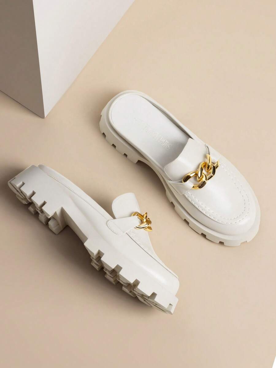 Women Mules Slippers Chunky With Gold Chain Decor Slip On Platform Thick Comfortable Fashion Classic Loafers Flat Slides Shoes - Màu be - Xem 1