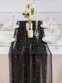 1 件黑色珍珠薄纱桌布，波西米亚农舍风奶酪布桌旗，适合婴儿派对装饰、婚礼、复活节、夏季餐桌装饰、婴儿派对家居装饰、礼物 - 黑色款帶珍珠 - 查看 3